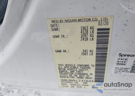 2020 Nissan Altima S Fwd из США, поврежденный, VIN 1N4BL4BV9LC237644